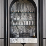 One of a Kind Custom Home Bar w/ Blackened Stainless Steel Pocket Doors, Inlays, Shelving & Small Metal Inlays Throughout