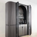 One of a Kind Custom Home Bar w/ Blackened Stainless Steel Pocket Doors, Inlays, Shelving & Small Metal Inlays Throughout