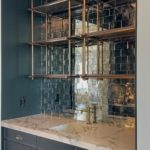 Custom Antique Brass Home Bar With Grey Oak Shelves