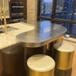 Custom NYC kidney shaped satin stainless steel kitchen island - All hand made - Delivery & Install By RBL too