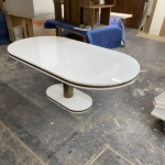 Custom White Lacquer Kitchen Table w/ Antique Brass Inlay & Base