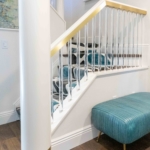 Custom White Satin Lacquer, Brushed Lacquered Brass & Lucite Stair Rail