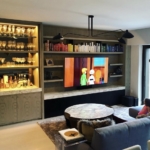 Custom Grey Walnut, Ebonized Oak, Marble Builtin & Blackened Steel Shelving