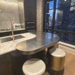 Custom NYC kidney shaped satin stainless steel kitchen island - All hand made - Delivery & Install By RBL too