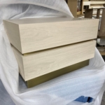 Custom pair of bleached walnut wood bed side tables with antique brass metal base and trim - Satin lacquer. All hand made.