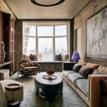 Custom satin copper inlays. &. Satin Doors no lacquer with glass centers - Upper cabinets too - All hand made. Looks amazing in this Nyc living room. All hand made - Copper Kings - Rbl Metals. Nice work design credit. Drew McGukin