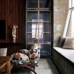 Custom satin copper inlays. &. Satin Doors no lacquer with glass centers - Upper cabinets too - All hand made. Looks amazing in this Nyc living room. All hand made - Copper Kings - Rbl Metals. Nice work design credit. Drew McGukin